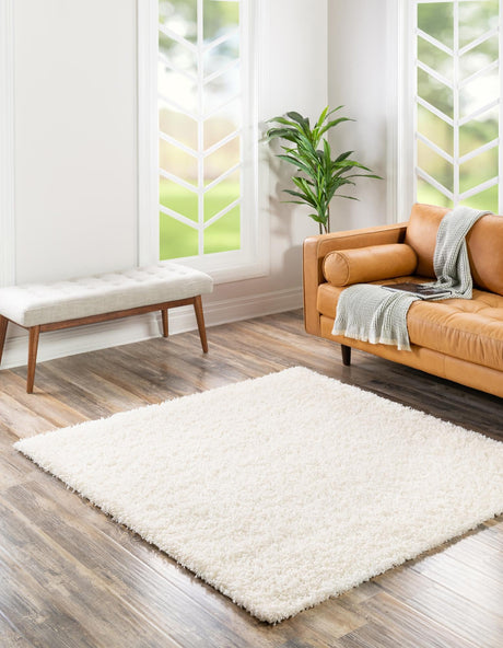 Snow White 3' 1 x 3' 1 Solid Shag Square Area Rug Thick Soft Touch Fluffy & Plush Shaggy Pile Durable Minimalist Carpet for Classic Interior Design for Sale at Rug Engine