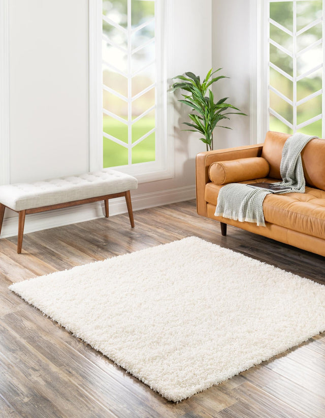 Snow White 3' 1 x 3' 1 Solid Shag Square Area Rug Thick Soft Touch Fluffy & Plush Shaggy Pile
