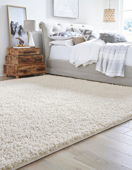 Snow White 7' 10 x 7' 10 Solid Shag Square Area Rug Thick Soft Touch Fluffy & Plush Shaggy Pile Durable Minimalist Carpet for Classic Interior Design for Sale at Rug Engine