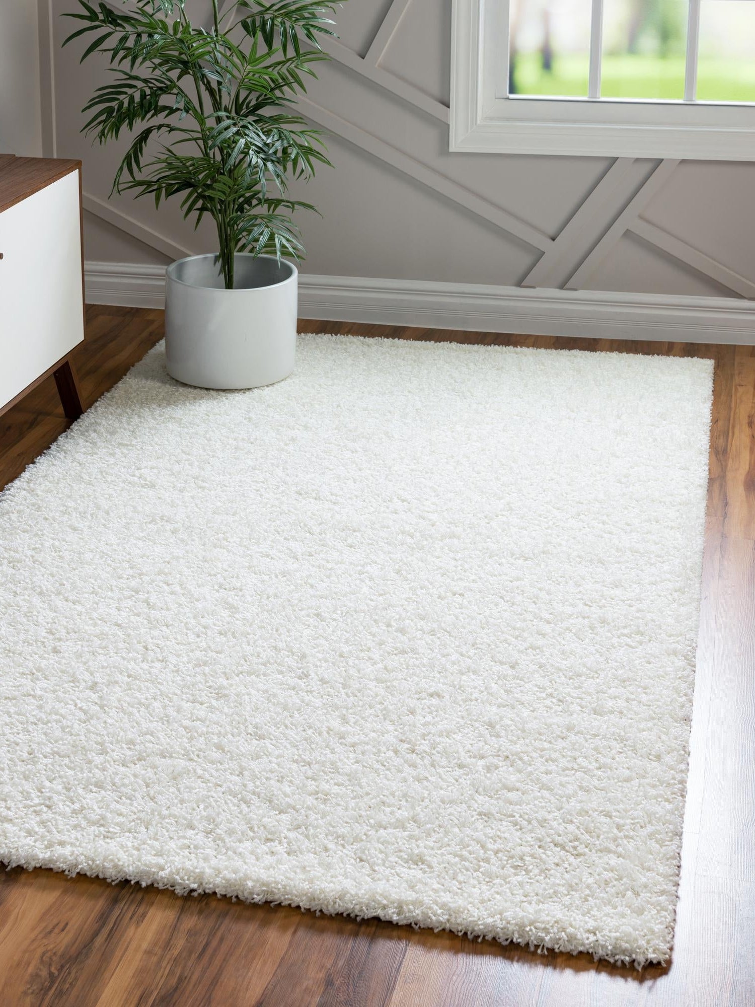 Snow White 1' x 1' Solid Shag Sample Area Rug Thick Soft Touch Fluffy & Plush Shaggy Pile Durable Minimalist Carpet for Classic Interior Design for Sale at Rug Engine