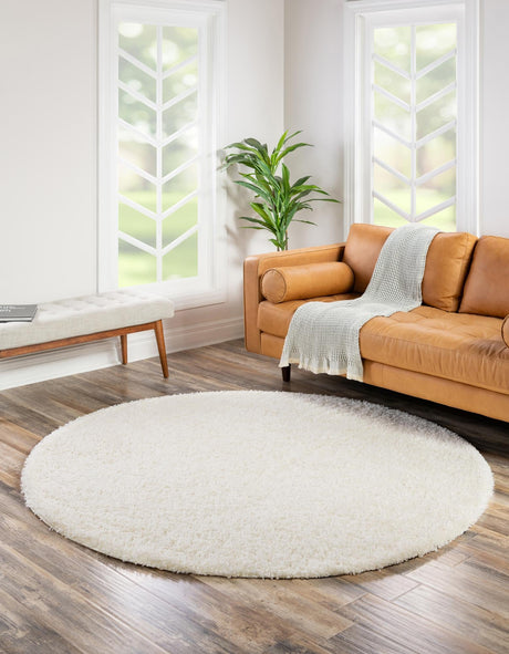 Snow White 12' 4 x 12' 4 Solid Shag Round Area Rug Thick Soft Touch Fluffy & Plush Shaggy Pile