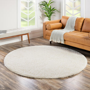 Snow White 6' 1 x 6' 1 Solid Shag Round Area Rug Thick Soft Touch Fluffy & Plush Shaggy Pile