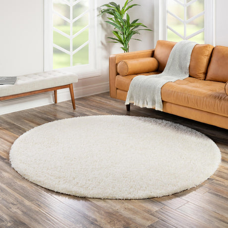 Snow White 6' 1 x 6' 1 Solid Shag Round Area Rug Thick Soft Touch Fluffy & Plush Shaggy Pile Durable Minimalist Carpet for Classic Interior Design for Sale at Rug Engine