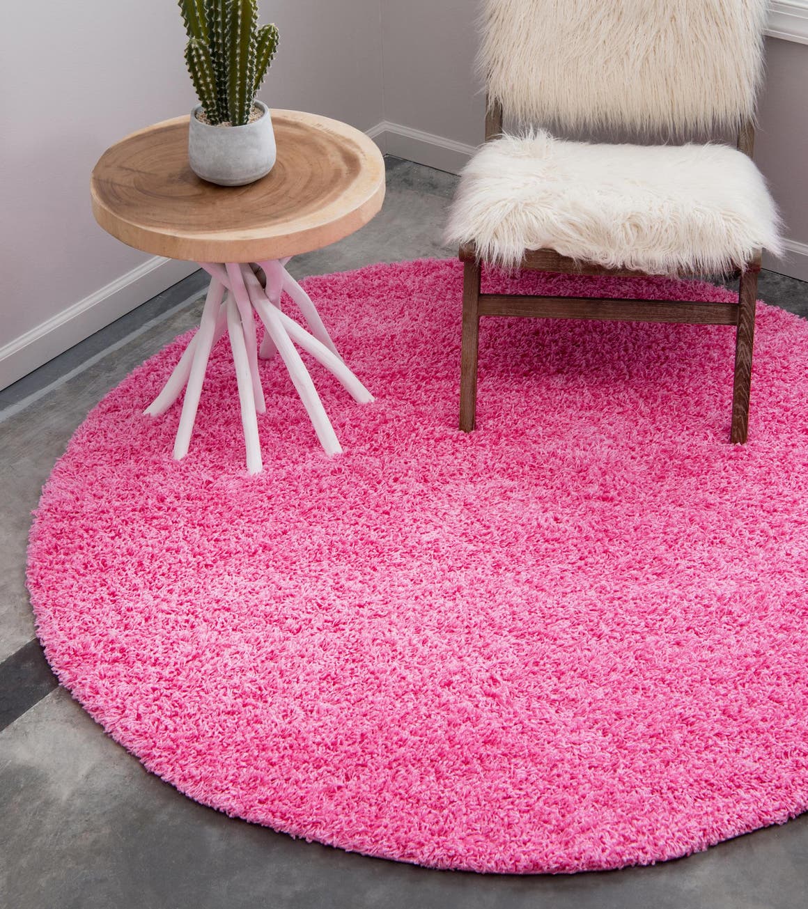 Taffy Pink 5' 3 x 5' 3 Solid Shag Round Area Rug Thick Soft Touch Fluffy & Plush Shaggy Pile Durable Minimalist Carpet for Classic Interior Design for Sale at Rug Engine