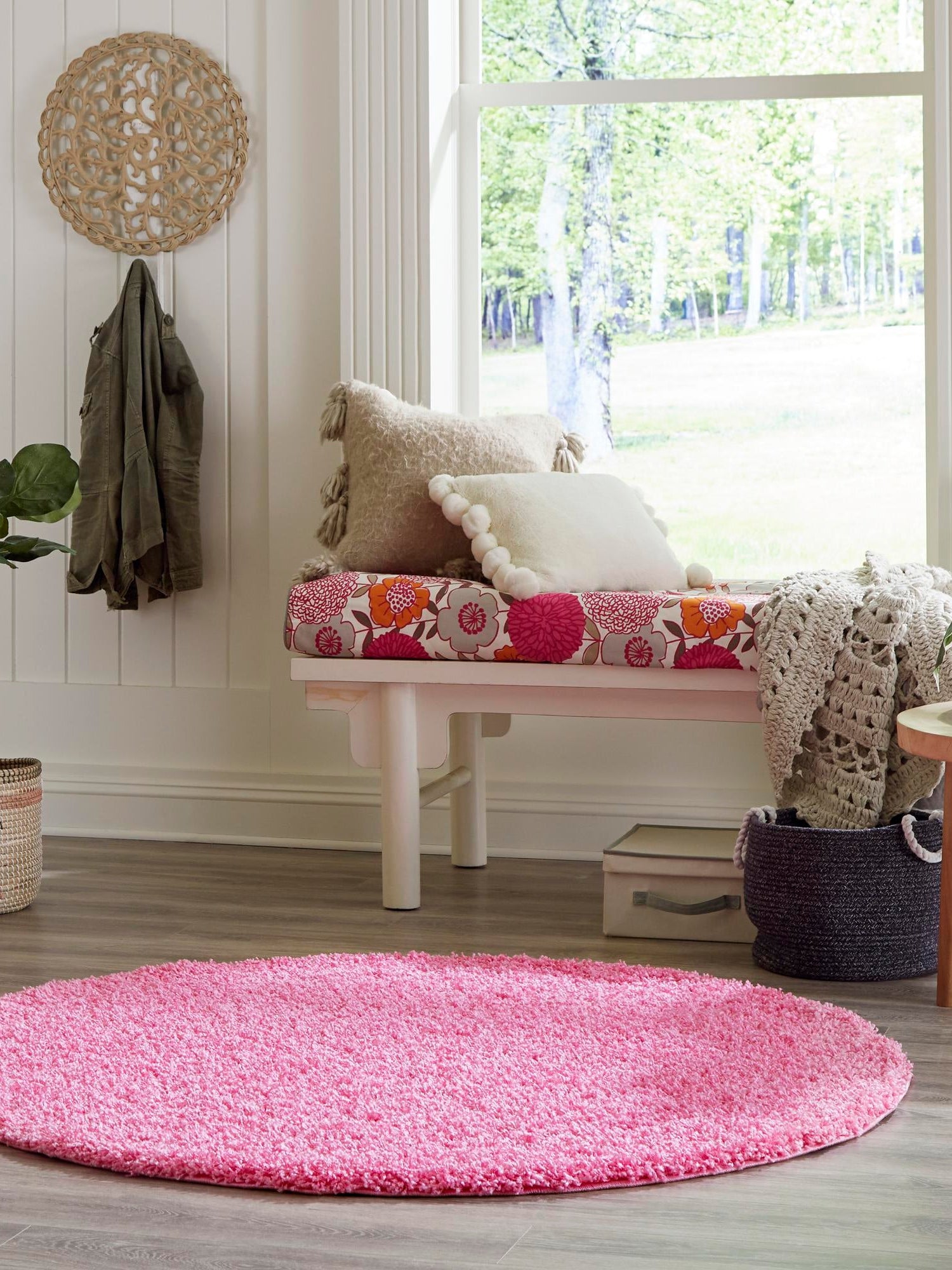 Taffy Pink 7' 10 x 7' 10 Solid Shag Round Area Rug Thick Soft Touch Fluffy & Plush Shaggy Pile Durable Minimalist Carpet for Classic Interior Design for Sale at Rug Engine
