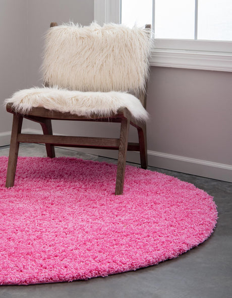 Taffy Pink 7' 10 x 7' 10 Solid Shag Round Area Rug Thick Soft Touch Fluffy & Plush Shaggy Pile Durable Minimalist Carpet for Classic Interior Design for Sale at Rug Engine