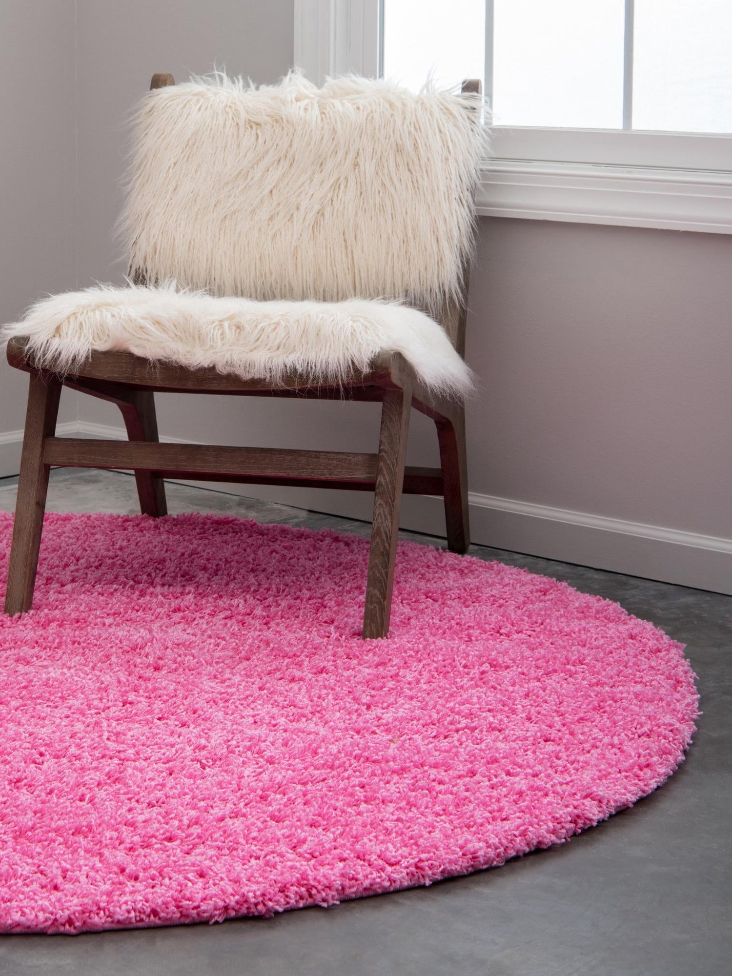 Taffy Pink 7' 1 x 7' 1 Solid Shag Round Area Rug Thick Soft Touch Fluffy & Plush Shaggy Pile Durable Minimalist Carpet for Classic Interior Design for Sale at Rug Engine