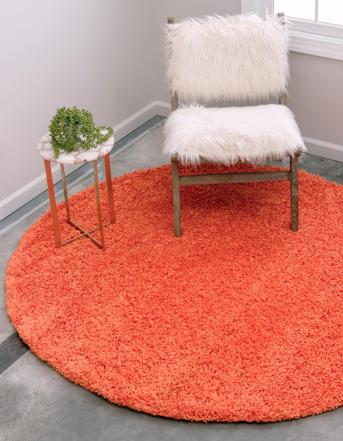 Tiger Orange 3' 1 x 3' 1 Solid Shag Round Area Rug Thick Soft Touch Fluffy & Plush Shaggy Pile Durable Minimalist Carpet for Classic Interior Design for Sale at Rug Engine