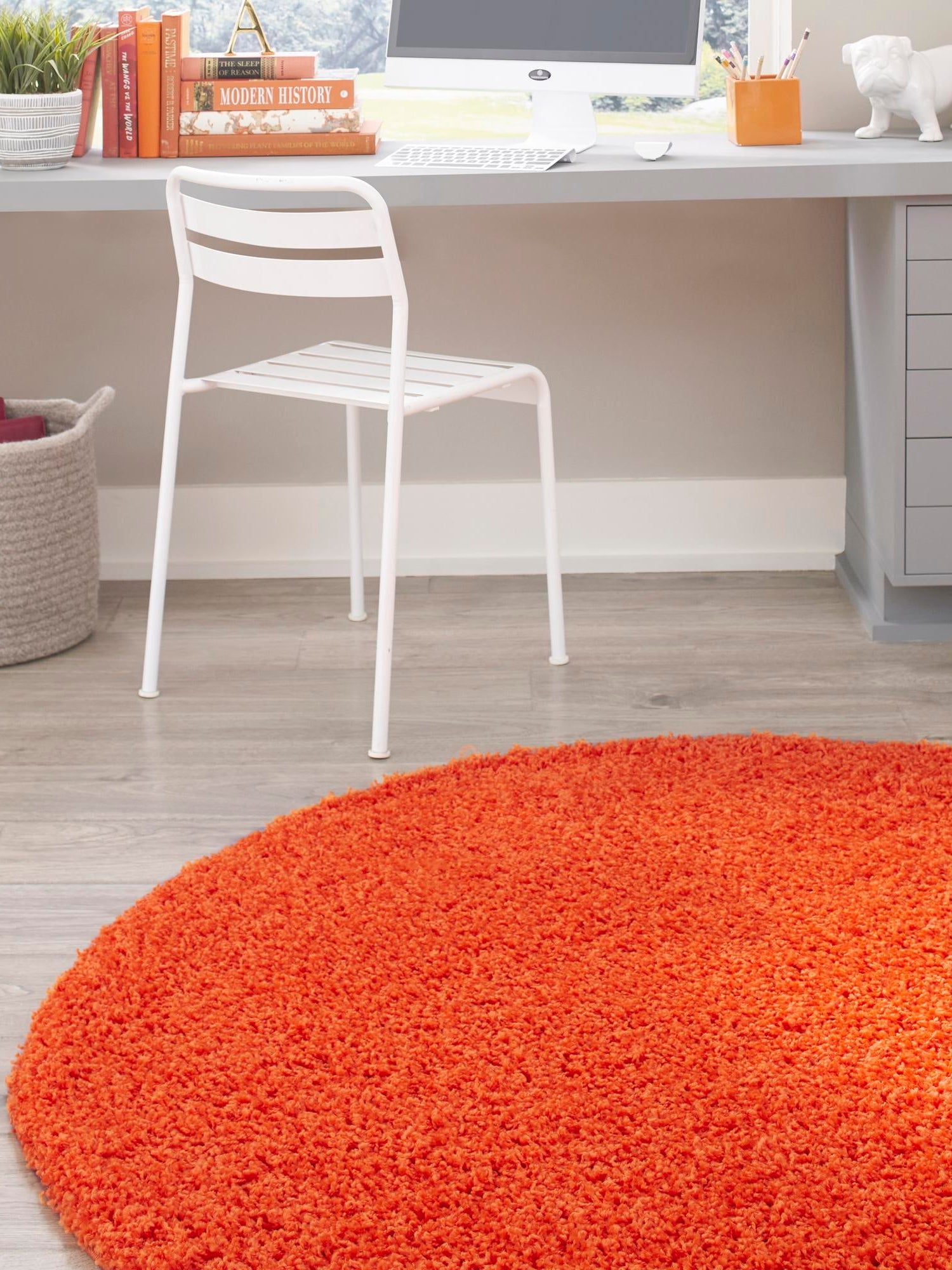 Tiger Orange 7' 10 x 7' 10 Solid Shag Round Area Rug Thick Soft Touch Fluffy & Plush Shaggy Pile Durable Minimalist Carpet for Classic Interior Design for Sale at Rug Engine