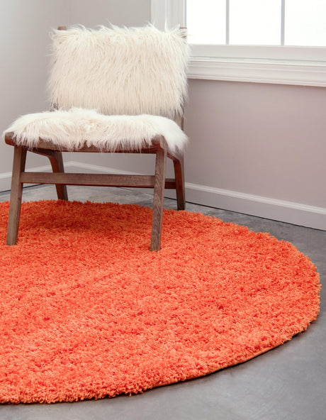 Tiger Orange 4' 1 x 4' 1 Solid Shag Round Area Rug Thick Soft Touch Fluffy & Plush Shaggy Pile Durable Minimalist Carpet for Classic Interior Design for Sale at Rug Engine