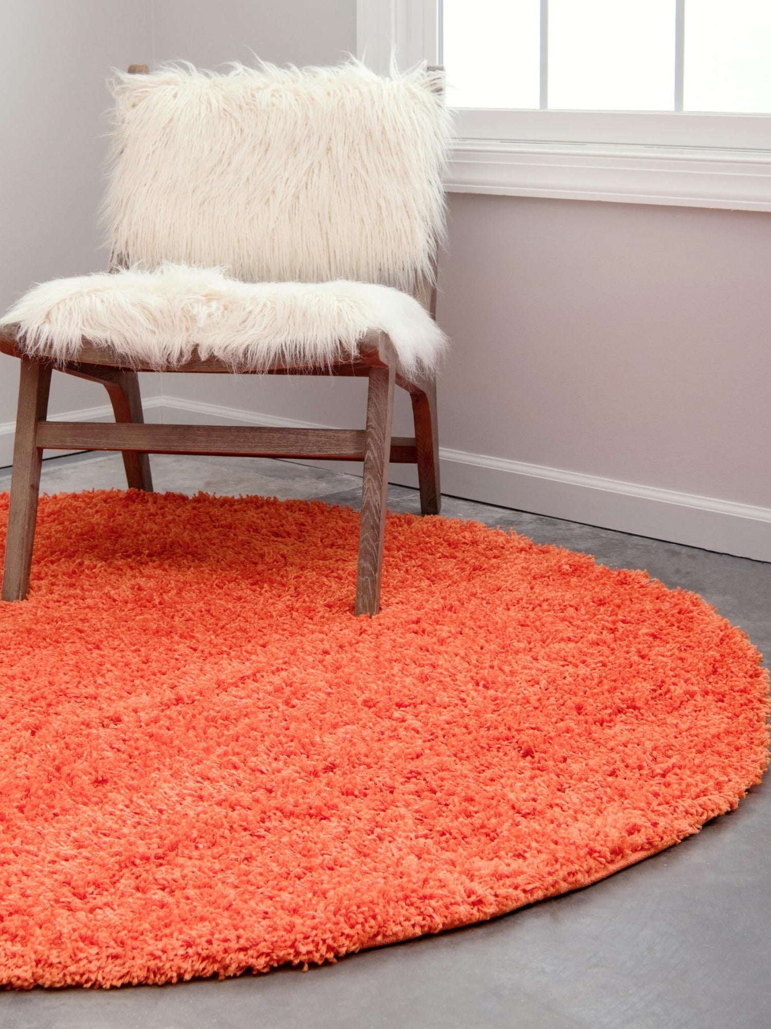 Tiger Orange 7' 1 x 7' 1 Solid Shag Round Area Rug Thick Soft Touch Fluffy & Plush Shaggy Pile Durable Minimalist Carpet for Classic Interior Design for Sale at Rug Engine