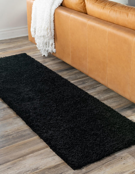 Jet Black 2' 1 x 6' 5 Solid Shag Runner Area Rug Thick Soft Touch Fluffy & Plush Shaggy Pile