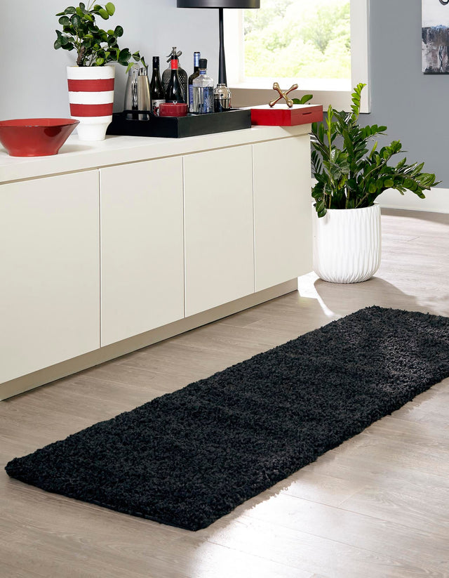 Jet Black 2' 1 x 6' 5 Solid Shag Runner Area Rug Thick Soft Touch Fluffy & Plush Shaggy Pile