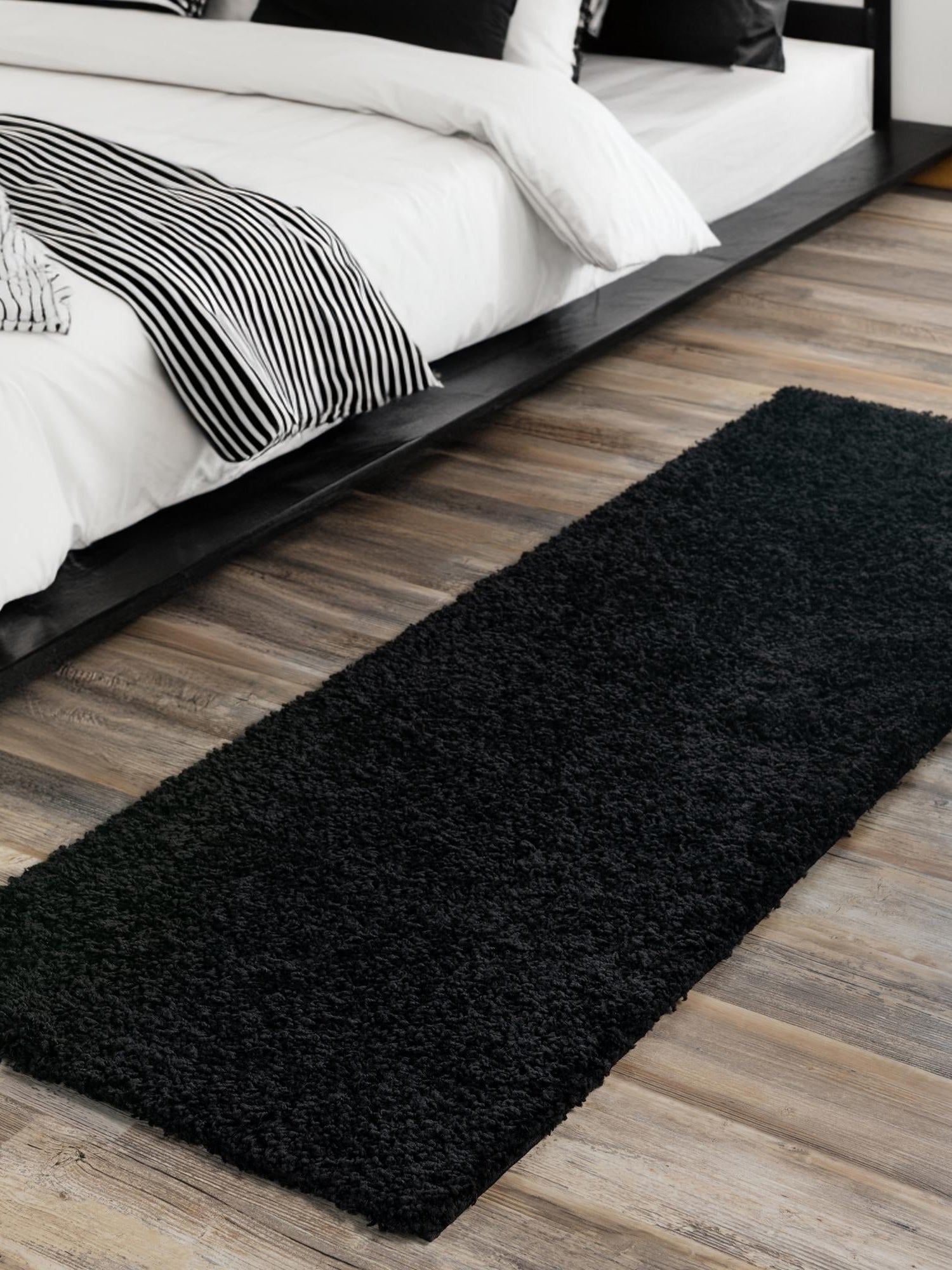 Jet Black 2' 1 x 6' 5 Solid Shag Runner Area Rug Thick Soft Touch Fluffy & Plush Shaggy Pile