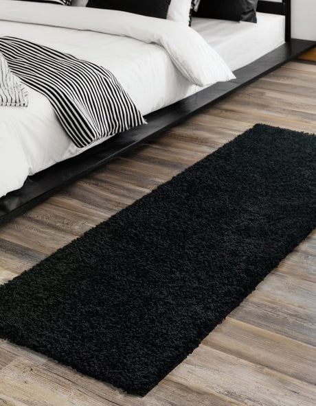 Jet Black 2' 1 x 6' 5 Solid Shag Runner Area Rug Thick Soft Touch Fluffy & Plush Shaggy Pile