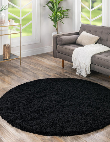 Jet Black 7' 10 x 7' 10 Solid Shag Round Area Rug Thick Soft Touch Fluffy & Plush Shaggy Pile Durable Minimalist Carpet for Classic Interior Design for Sale at Rug Engine