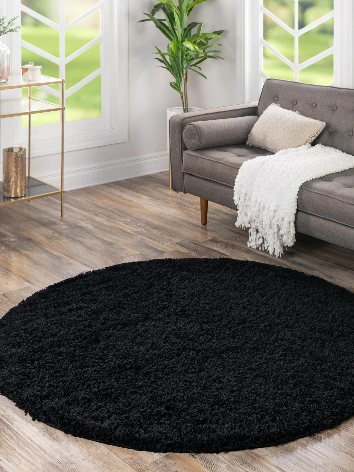 Jet Black 6' 1 x 6' 1 Solid Shag Round Area Rug Thick Soft Touch Fluffy & Plush Shaggy Pile Durable Minimalist Carpet for Classic Interior Design for Sale at Rug Engine