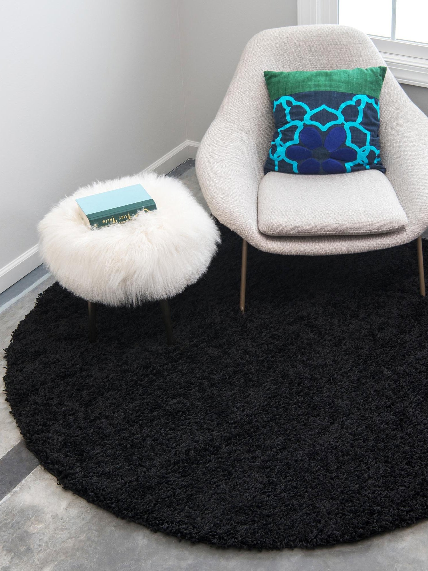 Jet Black 5' 3 x 5' 3 Solid Shag Round Area Rug Thick Soft Touch Fluffy & Plush Shaggy Pile Durable Minimalist Carpet for Classic Interior Design for Sale at Rug Engine