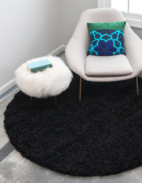 Jet Black 6' 1 x 6' 1 Solid Shag Round Area Rug Thick Soft Touch Fluffy & Plush Shaggy Pile Durable Minimalist Carpet for Classic Interior Design for Sale at Rug Engine