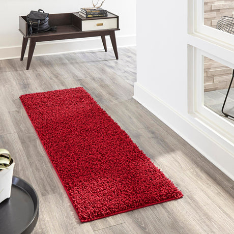 Cherry Red 2' 1 x 6' 5 Solid Shag Runner Area Rug Thick Soft Touch Fluffy & Plush Shaggy Pile Durable Minimalist Carpet for Classic Interior Design for Sale at Rug Engine