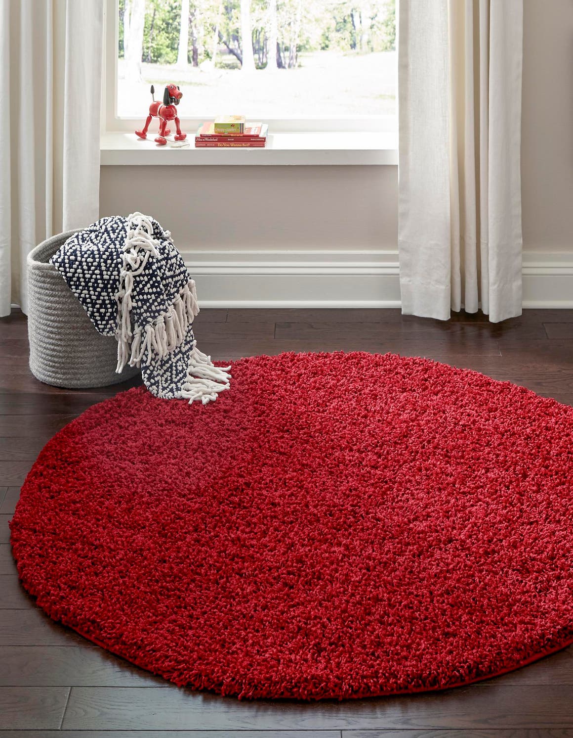 Cherry Red 6' 1 x 6' 1 Solid Shag Round Area Rug Thick Soft Touch Fluffy & Plush Shaggy Pile Durable Minimalist Carpet for Classic Interior Design for Sale at Rug Engine