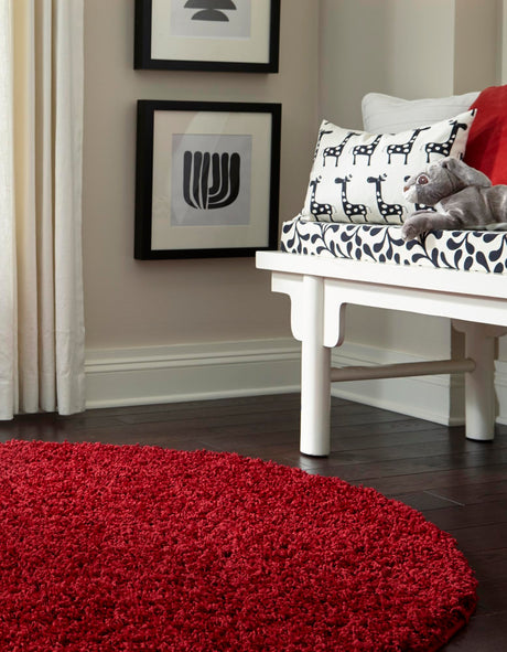 Cherry Red 3' 1 x 3' 1 Solid Shag Round Area Rug Thick Soft Touch Fluffy & Plush Shaggy Pile Durable Minimalist Carpet for Classic Interior Design for Sale at Rug Engine