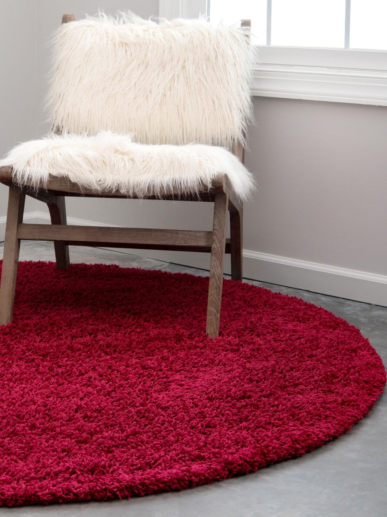 Cherry Red 7' 10 x 7' 10 Solid Shag Round Area Rug Thick Soft Touch Fluffy & Plush Shaggy Pile Durable Minimalist Carpet for Classic Interior Design for Sale at Rug Engine