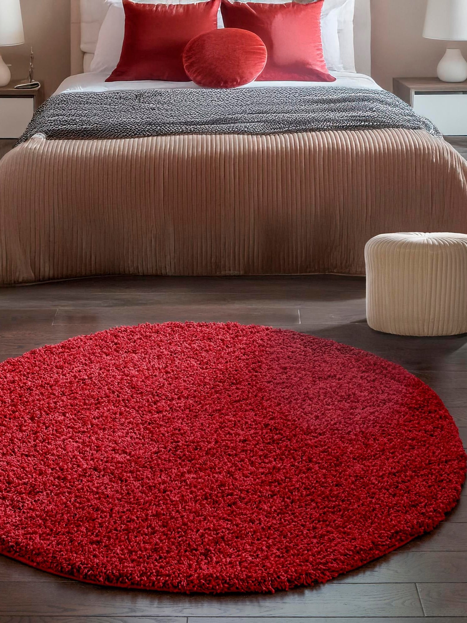 Cherry Red 5' 3 x 5' 3 Solid Shag Round Area Rug Thick Soft Touch Fluffy & Plush Shaggy Pile