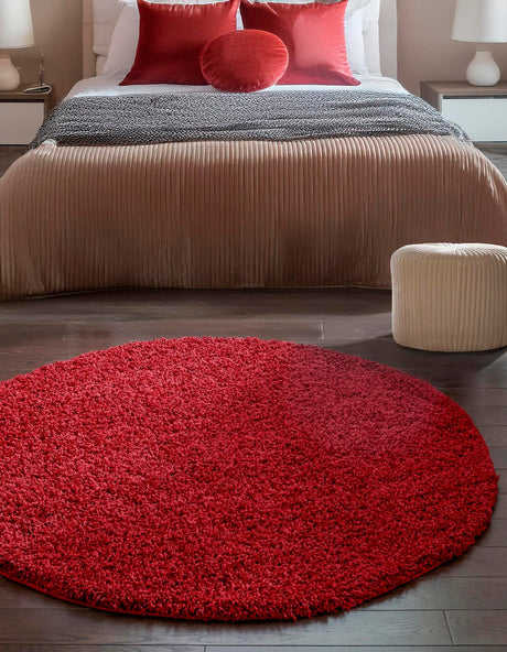 Cherry Red 5' 3 x 5' 3 Solid Shag Round Area Rug Thick Soft Touch Fluffy & Plush Shaggy Pile