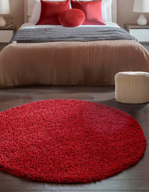 Cherry Red 7' 10 x 7' 10 Solid Shag Round Area Rug Thick Soft Touch Fluffy & Plush Shaggy Pile