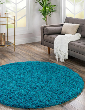 Turquoise 7' 1 x 7' 1 Solid Shag Round Area Rug Thick Soft Touch Fluffy & Plush Shaggy Pile