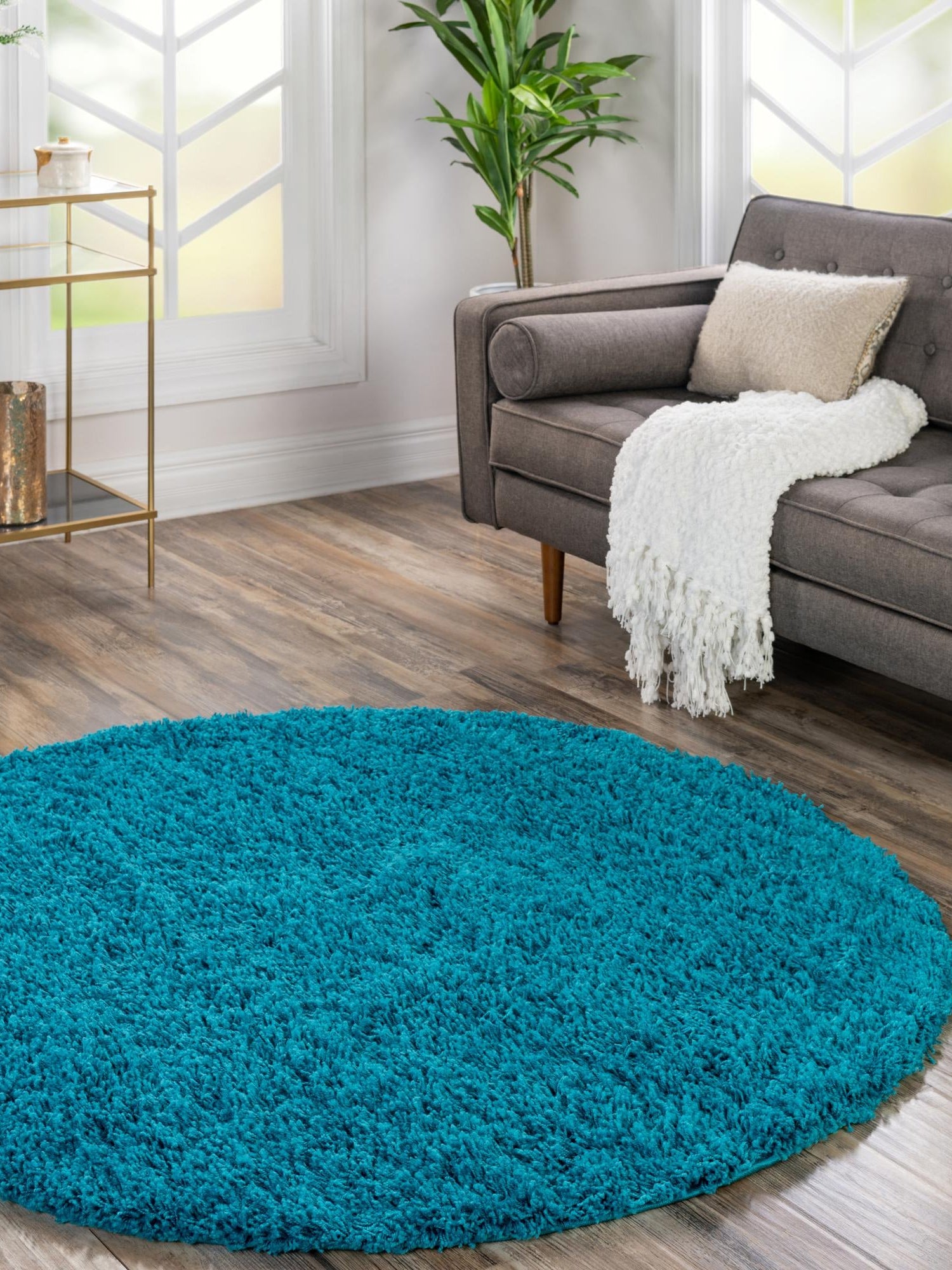 Turquoise 3' 1 x 3' 1 Solid Shag Round Area Rug Thick Soft Touch Fluffy & Plush Shaggy Pile Durable Minimalist Carpet for Classic Interior Design for Sale at Rug Engine