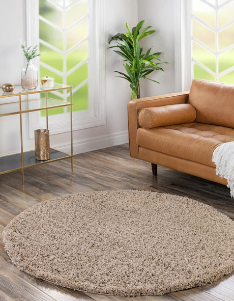 Taupe 7' 10 x 7' 10 Solid Shag Round Area Rug Thick Soft Touch Fluffy & Plush Shaggy Pile