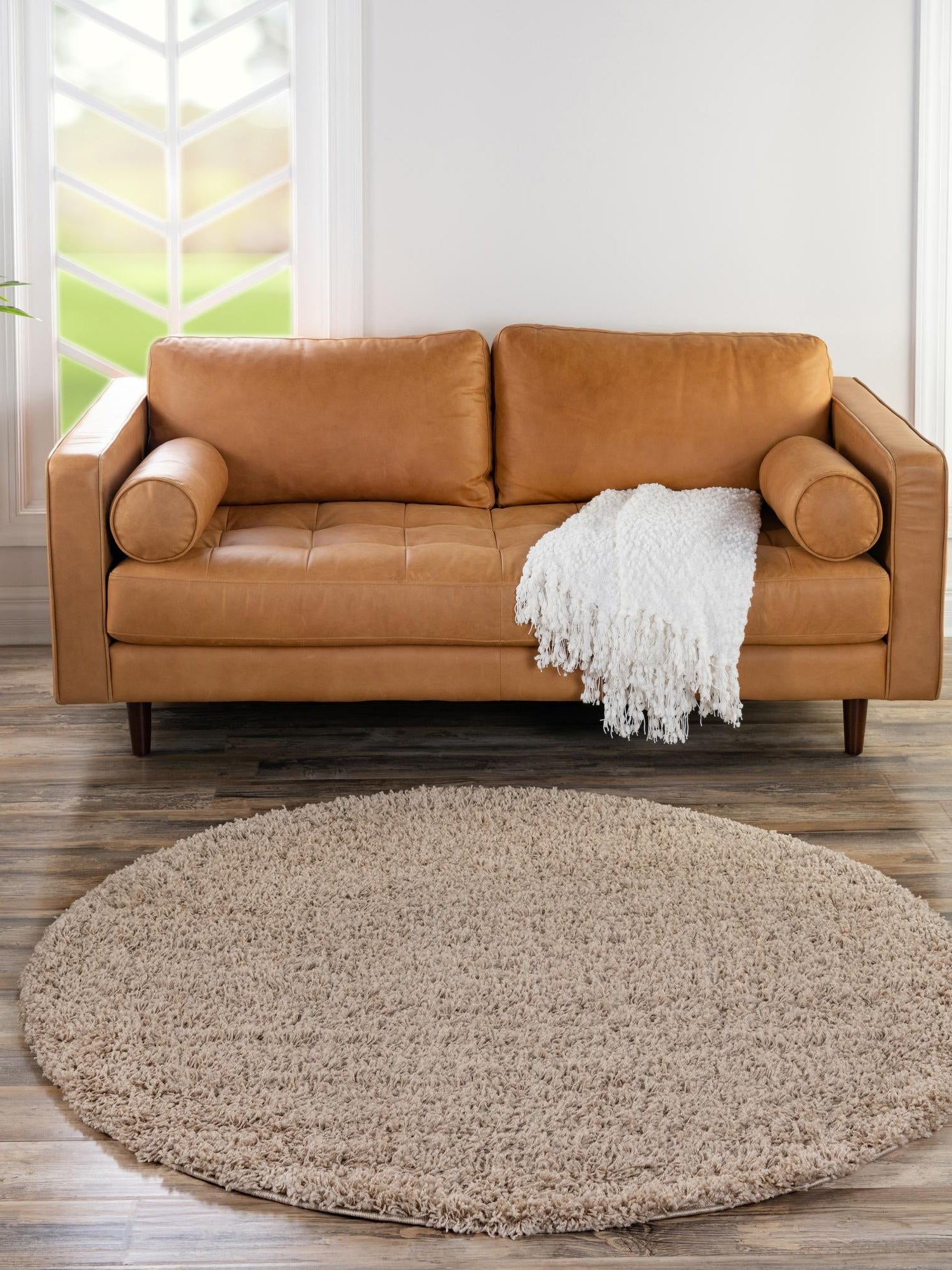 Taupe 7' 10 x 7' 10 Solid Shag Round Area Rug Thick Soft Touch Fluffy & Plush Shaggy Pile Durable Minimalist Carpet for Classic Interior Design for Sale at Rug Engine