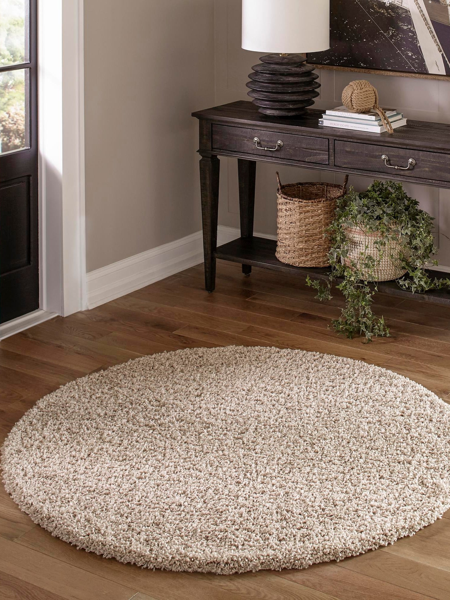 Taupe 7' 1 x 7' 1 Solid Shag Round Area Rug Thick Soft Touch Fluffy & Plush Shaggy Pile Durable Minimalist Carpet for Classic Interior Design for Sale at Rug Engine