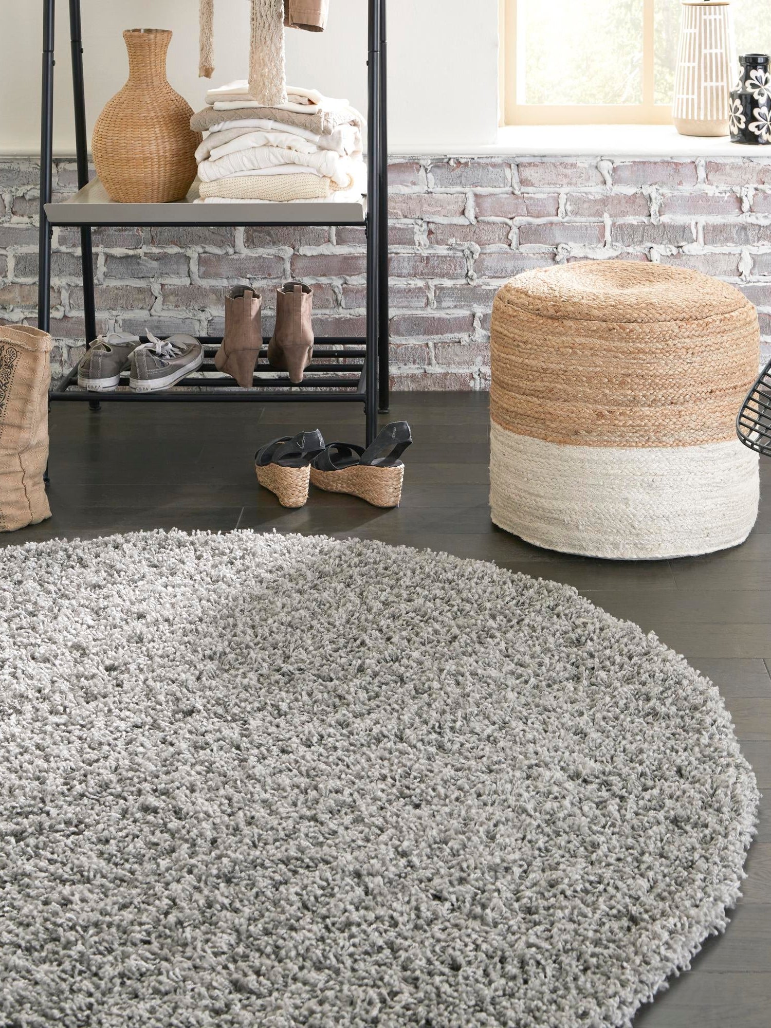 Cloud Gray 4' 1 x 4' 1 Solid Shag Round Area Rug Thick Soft Touch Fluffy & Plush Shaggy Pile Durable Minimalist Carpet for Classic Interior Design for Sale at Rug Engine