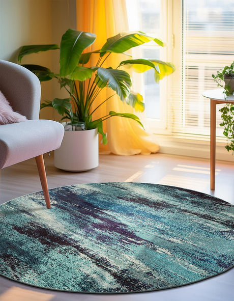 Blue 4' 1 x 4' 1 Jardin Round Area Rug 100% Polypropylene With Cotton Backing Colorful & Vivid Modern Carpet for Home Decor for Sale at Rug Engine