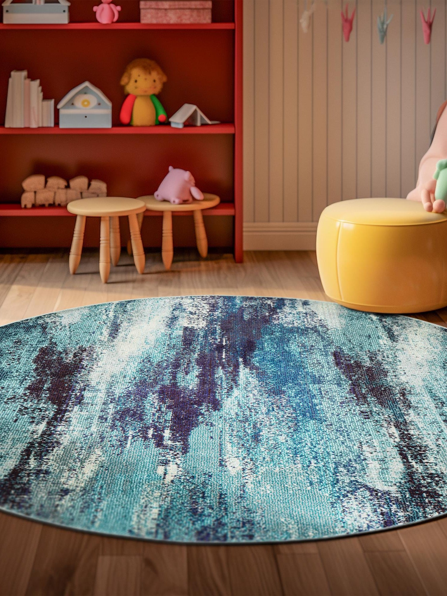 Blue 7' 10 x 7' 10 Jardin Round Area Rug 100% Polypropylene With Cotton Backing Colorful & Vivid Modern Carpet for Home Decor for Sale at Rug Engine