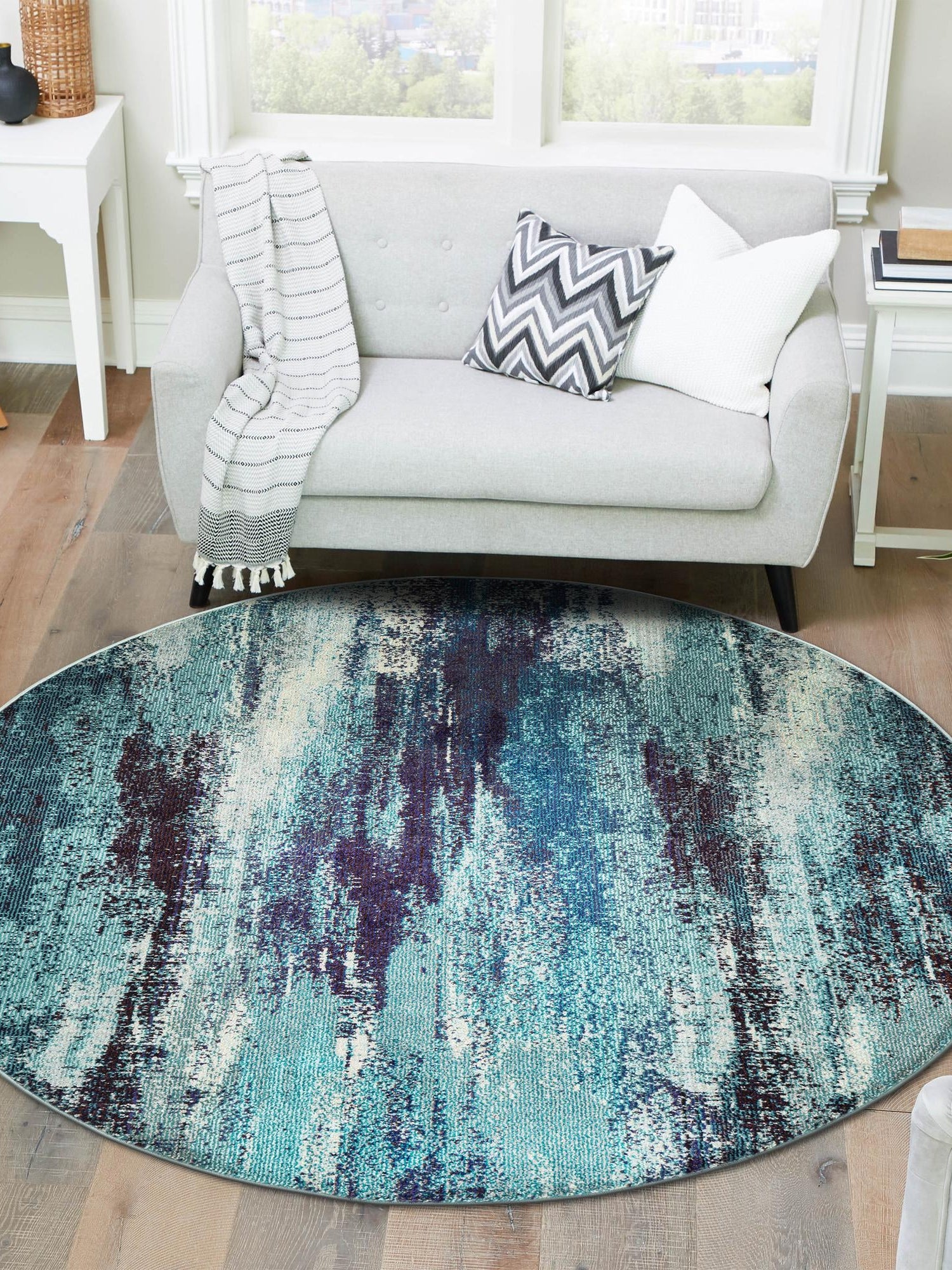 Blue 3' 3 x 3' 3 Jardin Round Area Rug 100% Polypropylene With Cotton Backing Colorful & Vivid Modern Carpet for Home Decor for Sale at Rug Engine