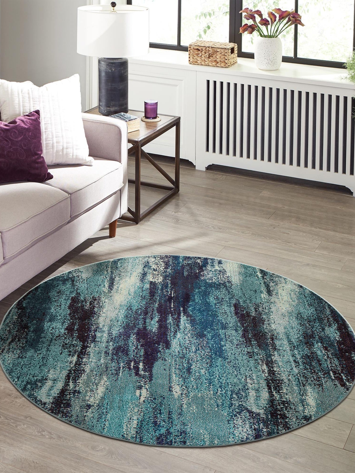 Blue 6' 1 x 6' 1 Jardin Round Area Rug 100% Polypropylene With Cotton Backing Colorful & Vivid Modern Carpet for Home Decor for Sale at Rug Engine