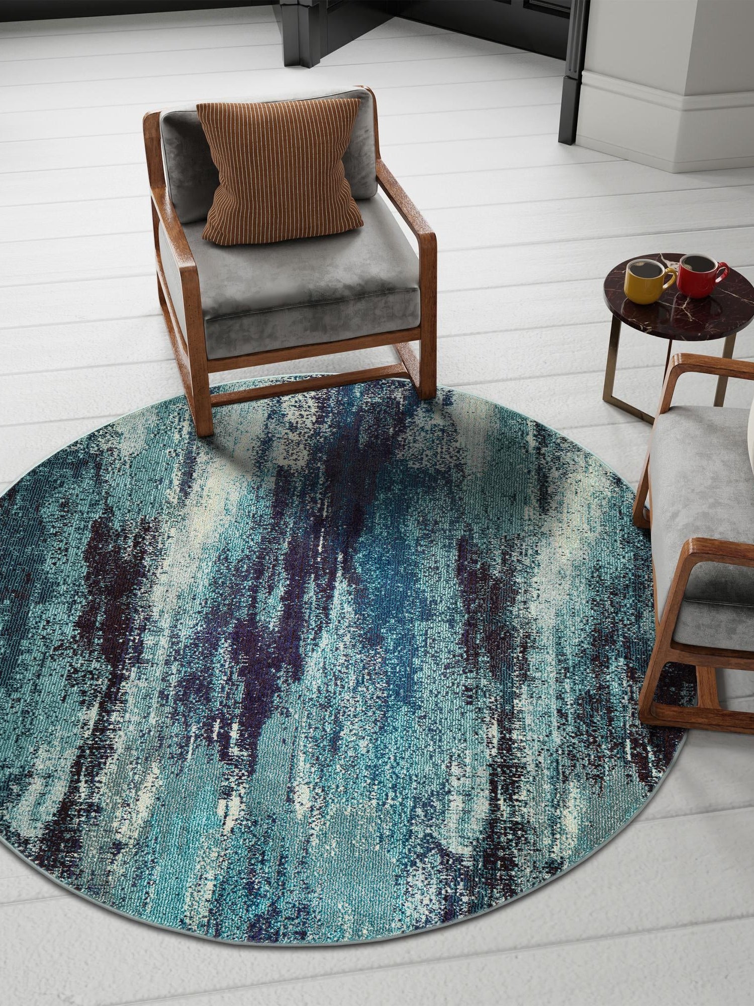 Blue 5' 3 x 5' 3 Jardin Round Area Rug 100% Polypropylene With Cotton Backing Colorful & Vivid Modern Carpet for Home Decor for Sale at Rug Engine