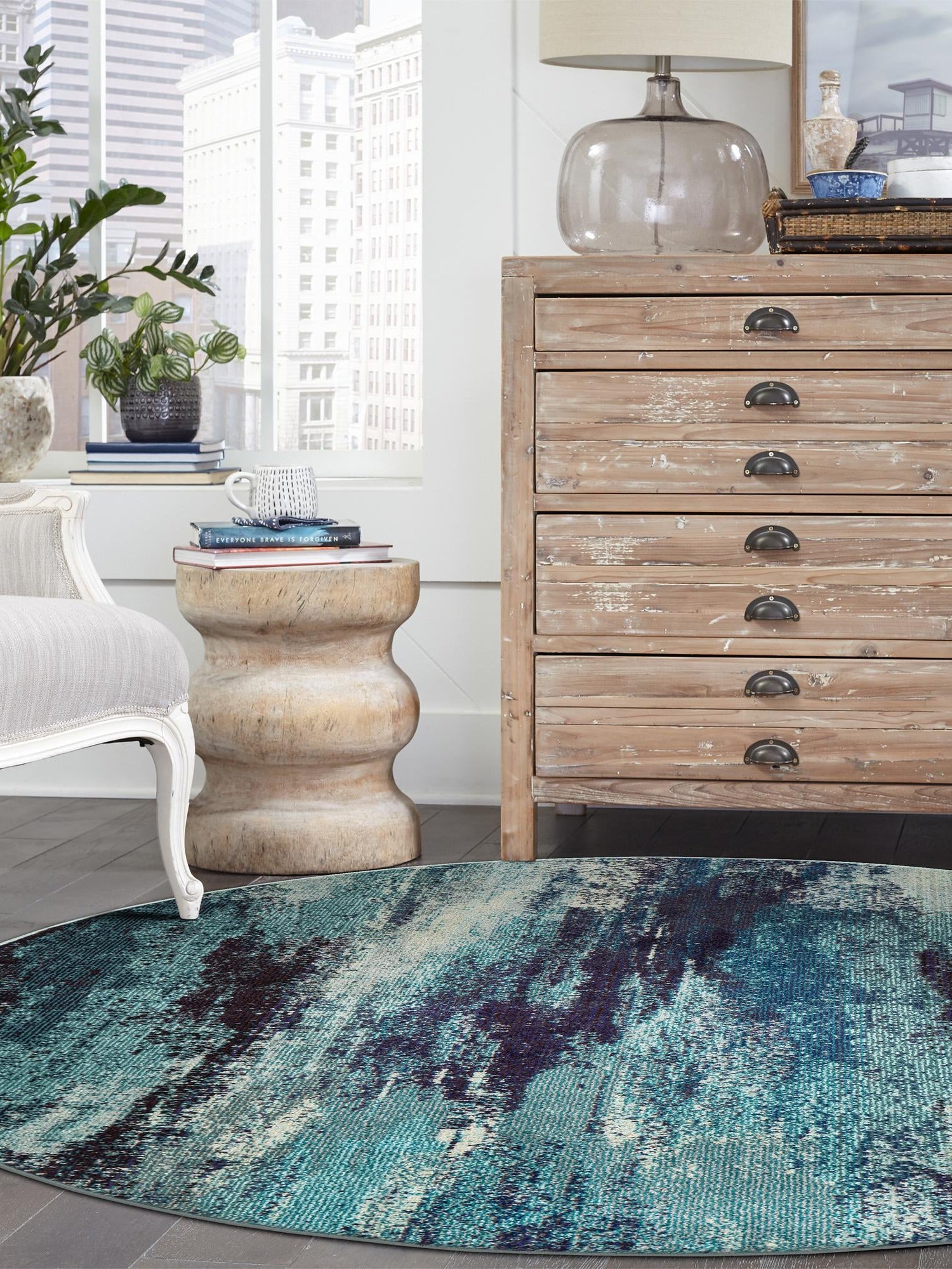 Blue 4' 1 x 4' 1 Jardin Round Area Rug 100% Polypropylene With Cotton Backing Colorful & Vivid Modern Carpet for Home Decor for Sale at Rug Engine