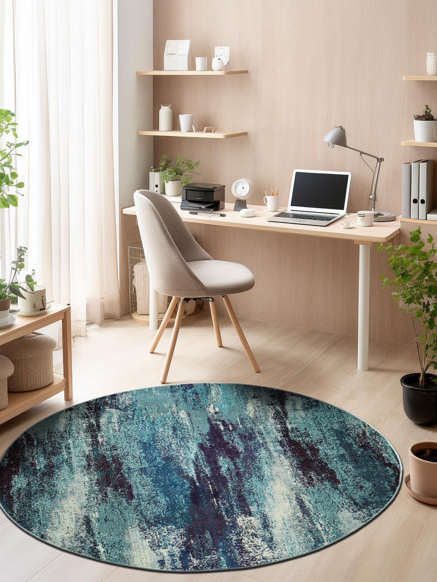 Blue 5' 3 x 5' 3 Jardin Round Area Rug 100% Polypropylene With Cotton Backing Colorful & Vivid Modern Carpet for Home Decor for Sale at Rug Engine