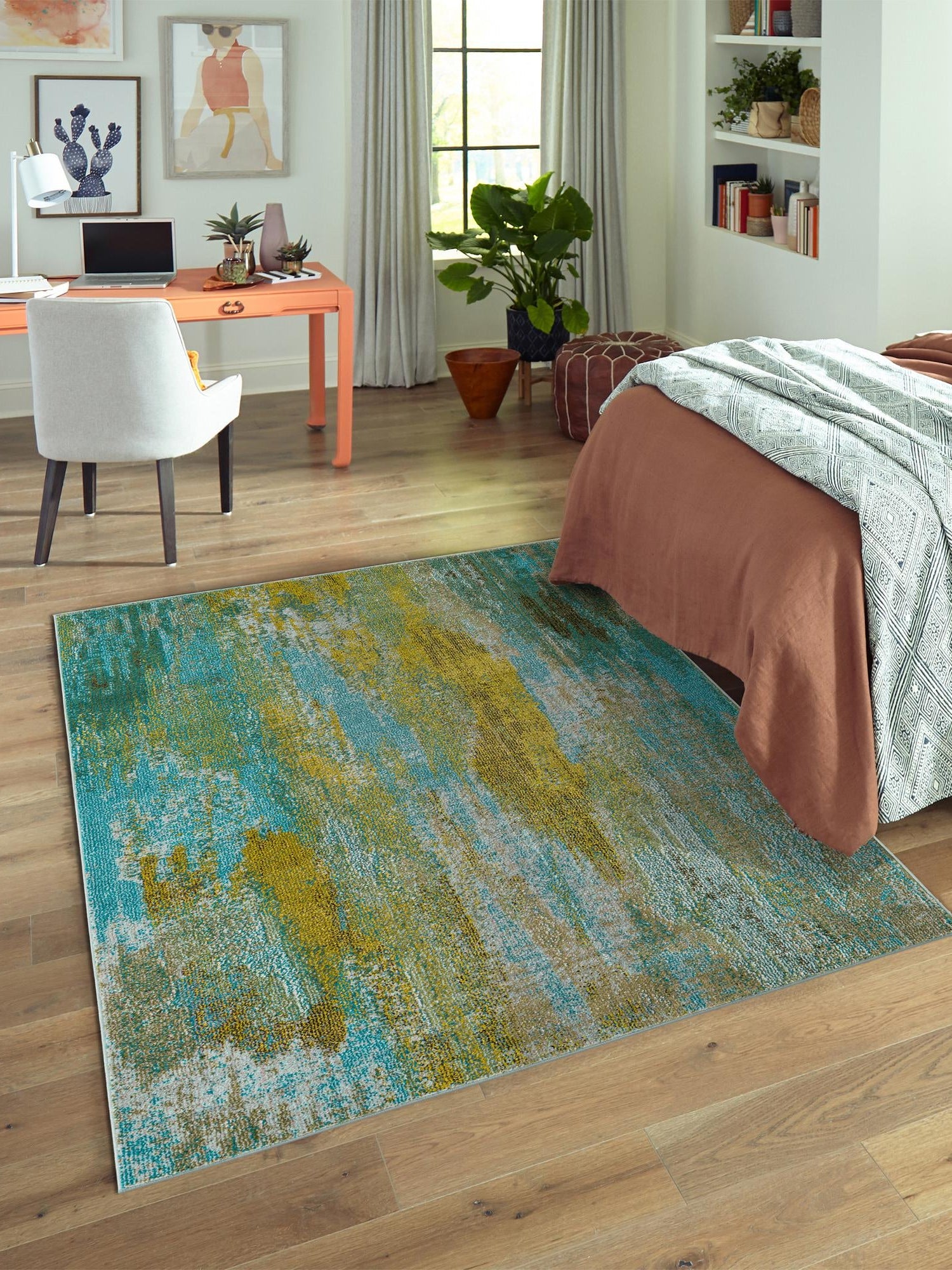 Turquoise 8' x 10' Jardin Rectangle Area Rug 100% Polypropylene With Cotton Backing Colorful & Vivid Modern Carpet for Home Decor for Sale at Rug Engine