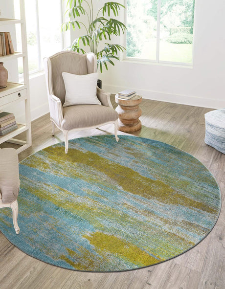 Turquoise 8' x 8' Jardin Round Area Rug 100% Polypropylene With Cotton Backing Colorful & Vivid Modern Carpet for Home Decor for Sale at Rug Engine