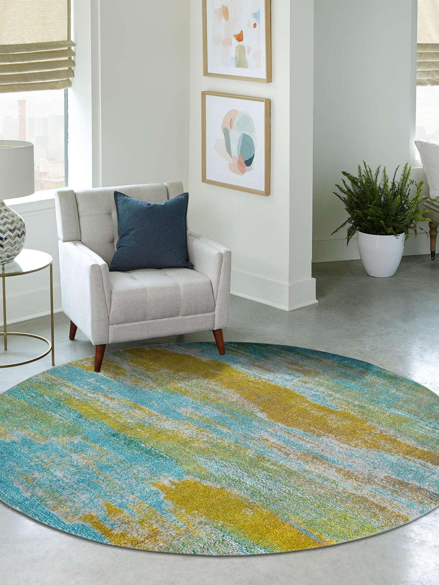 Turquoise 8' x 8' Jardin Round Area Rug 100% Polypropylene With Cotton Backing Colorful & Vivid Modern Carpet for Home Decor for Sale at Rug Engine