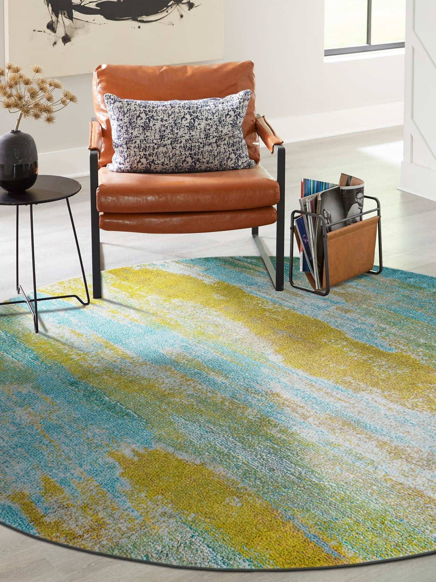Turquoise 8' x 8' Jardin Round Area Rug 100% Polypropylene With Cotton Backing Colorful & Vivid Modern Carpet for Home Decor for Sale at Rug Engine