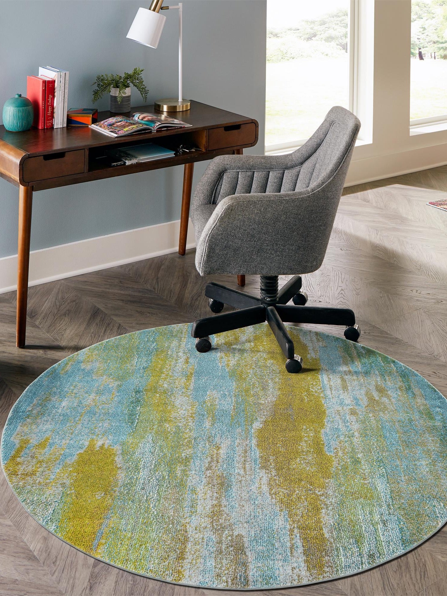 Turquoise 8' x 8' Jardin Round Area Rug 100% Polypropylene With Cotton Backing Colorful & Vivid Modern Carpet for Home Decor for Sale at Rug Engine