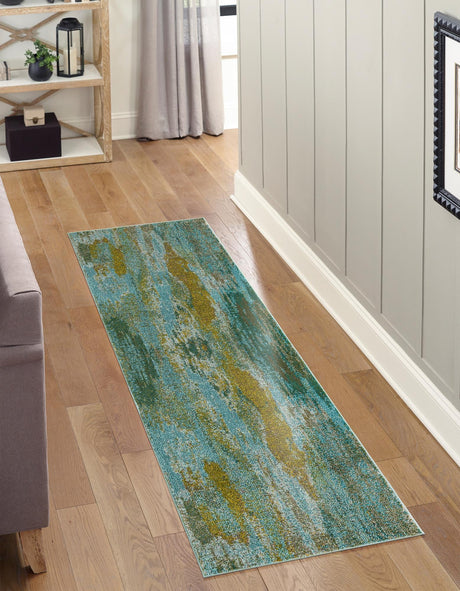 Turquoise 2' 7 x 10' Jardin Runner Area Rug 100% Polypropylene With Cotton Backing Colorful & Vivid Modern Carpet for Home Decor for Sale at Rug Engine