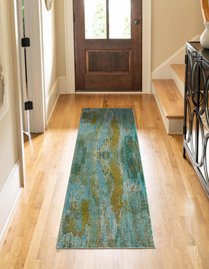 Turquoise 2' 7 x 10' Jardin Runner Area Rug 100% Polypropylene With Cotton Backing Colorful & Vivid Modern Carpet for Home Decor for Sale at Rug Engine